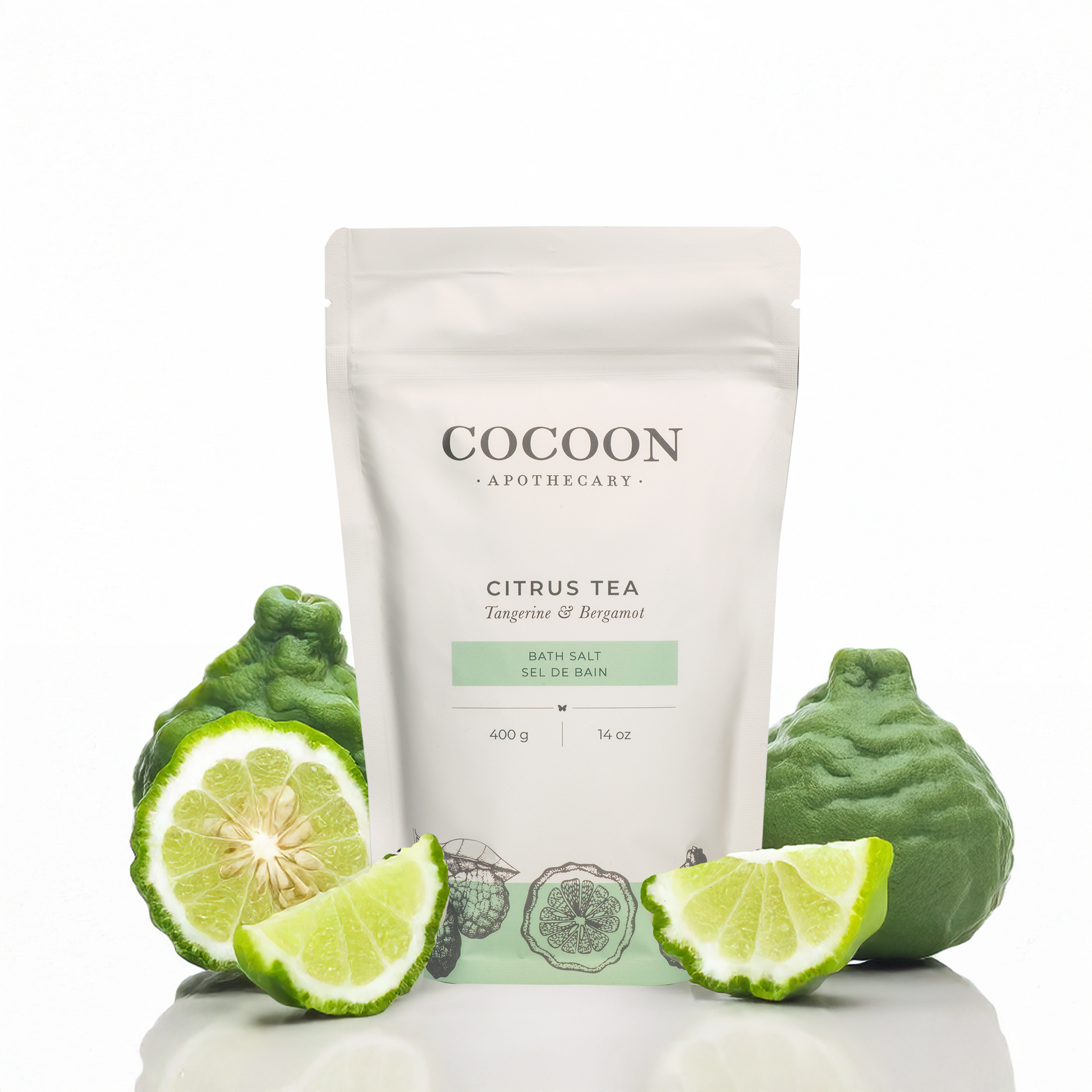 Cocoon Apothecary Citrus Tea bath salt packaging with bergamot slices