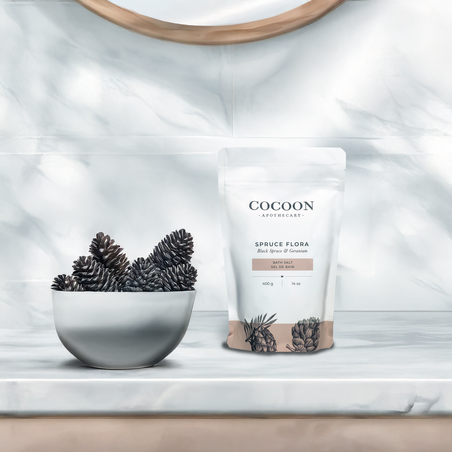 Cocoon Apothecary Spruce Flora bath salts for a luxury bath