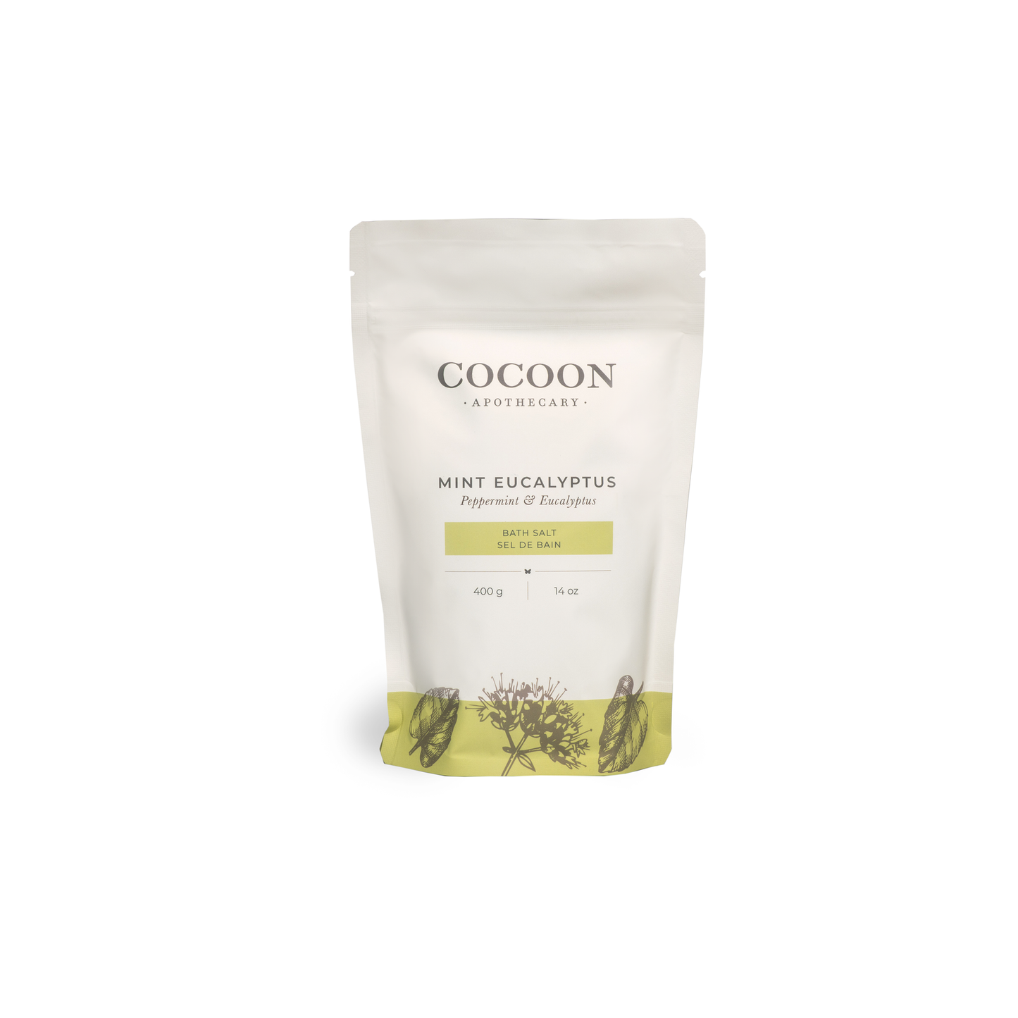 Cocoon Apothecary Mint Eucalyptus bath salt packaging on a white background