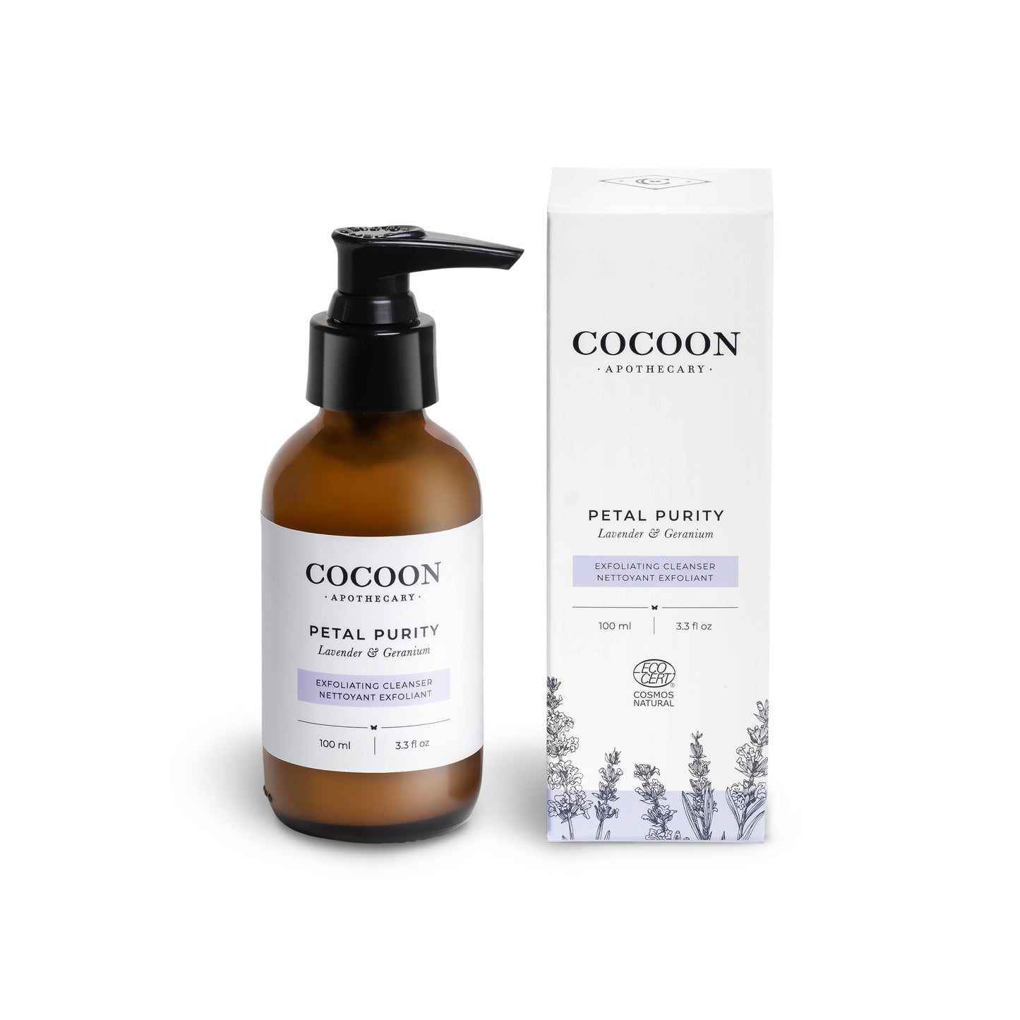 Petal Purity Exfoliating Facial Cleanser bottle — creamy exfoliating cleanser