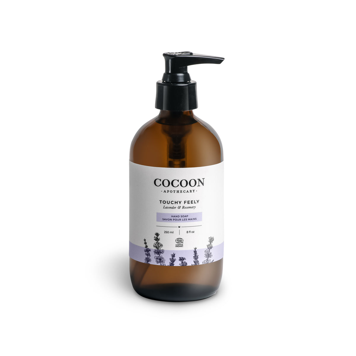 Touchy Feely Hand Soap amber glass bottle – lavender and rosemary scent