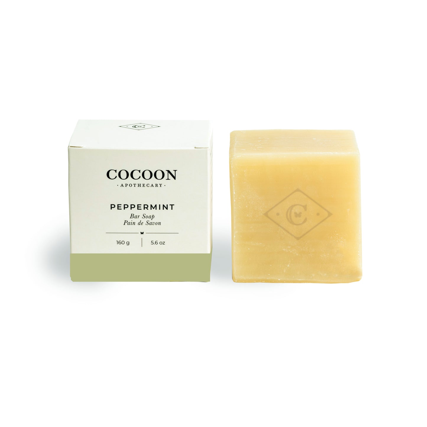 A bar of peppermint soap plant-based, vegan