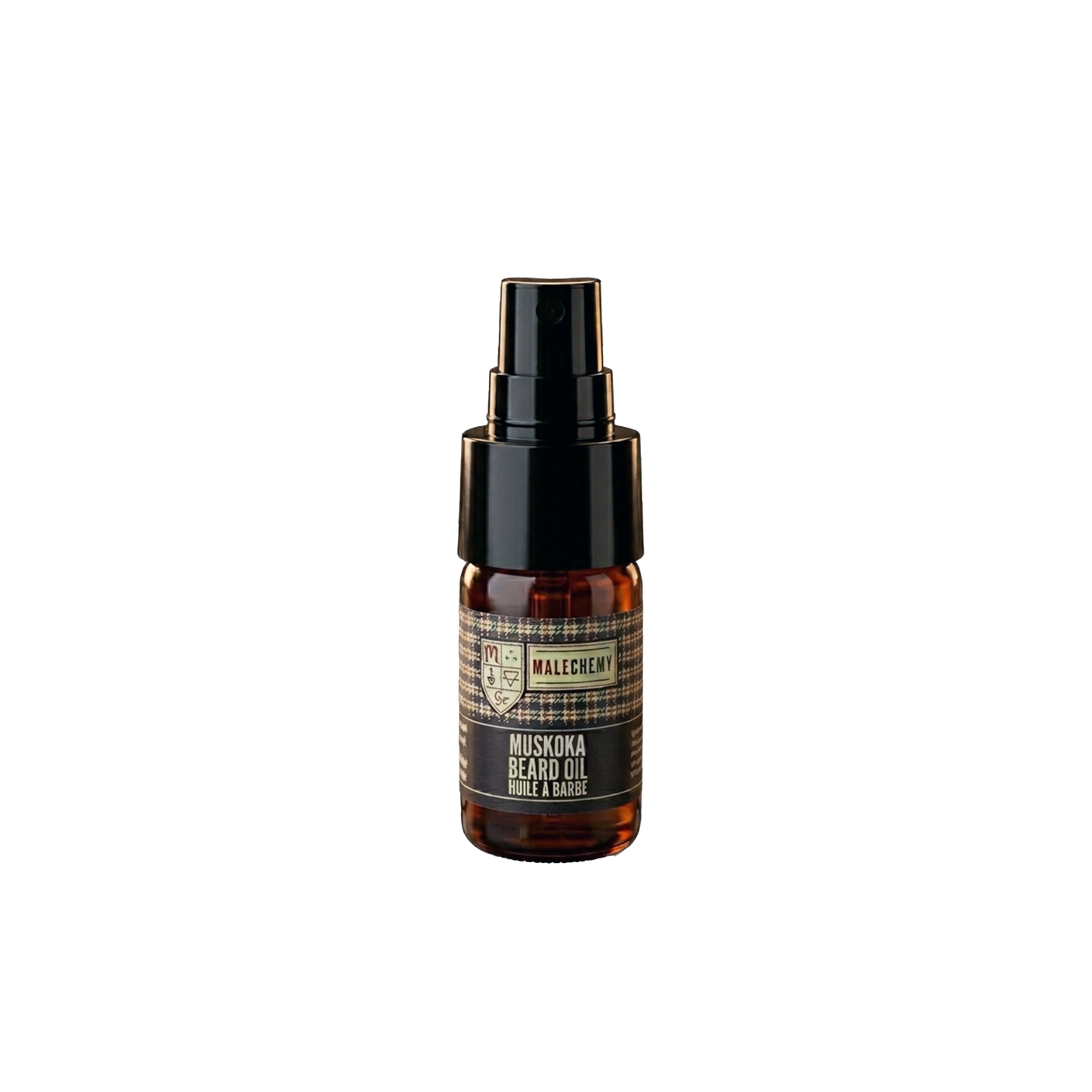 Malechemy Muskoka Beard Oil with organic hemp oil, argan oil, and Canadian forest essential oils for beard conditioning and shine.