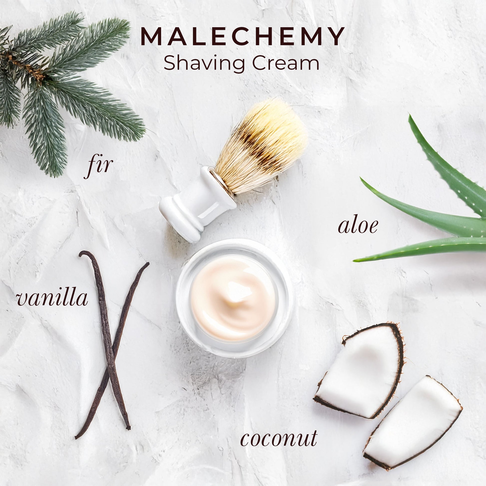 ingredients of made in Canada shaving cream - fir balsam, coconut, vanilla