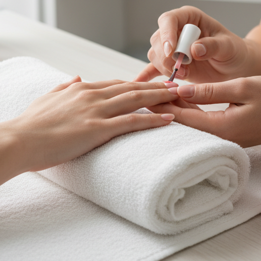 manicure on clean white towels with short nails getting polish