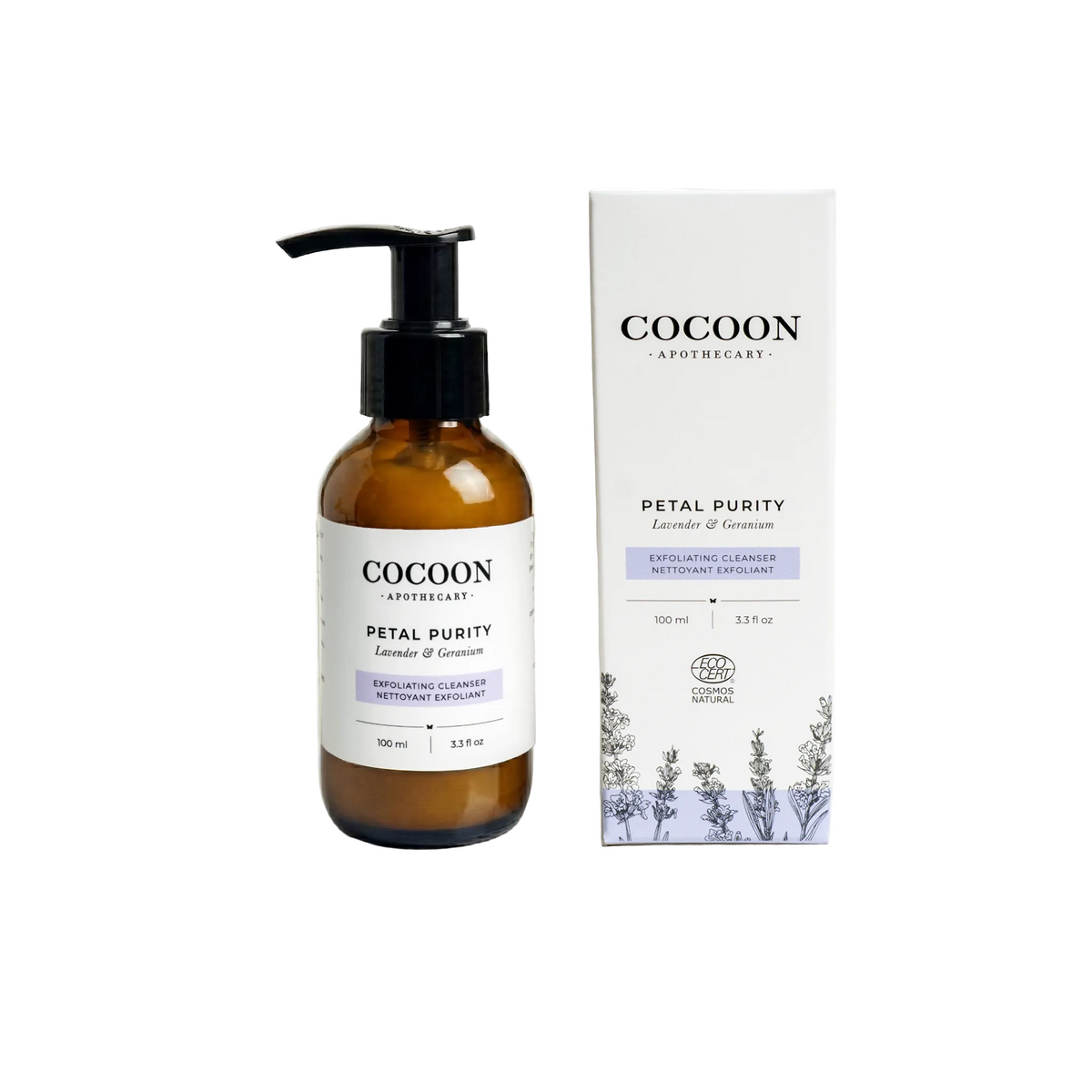 Cocoon Apothecary Petal Purity bottle and packaging on a white background