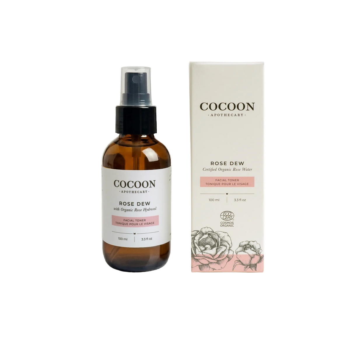 rose dew certified organic toner bottle and box on white