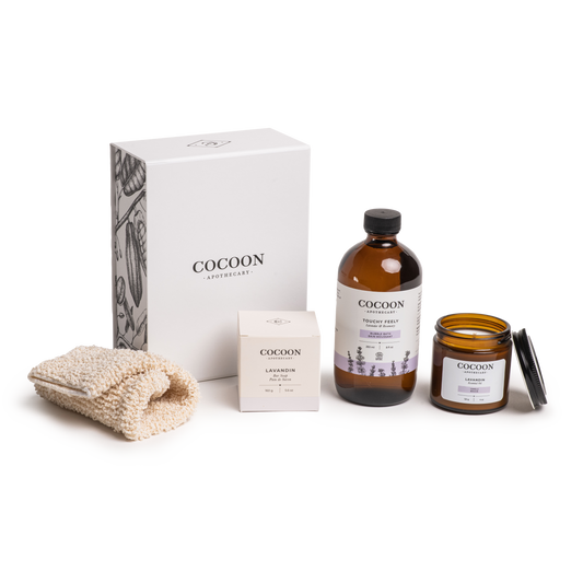 Touchy Feely Bubble Bath, Soy Lavandin Candle, Lavandin Bar Soap and Jute Exfoliating mitt make for the perfect relaxation kit