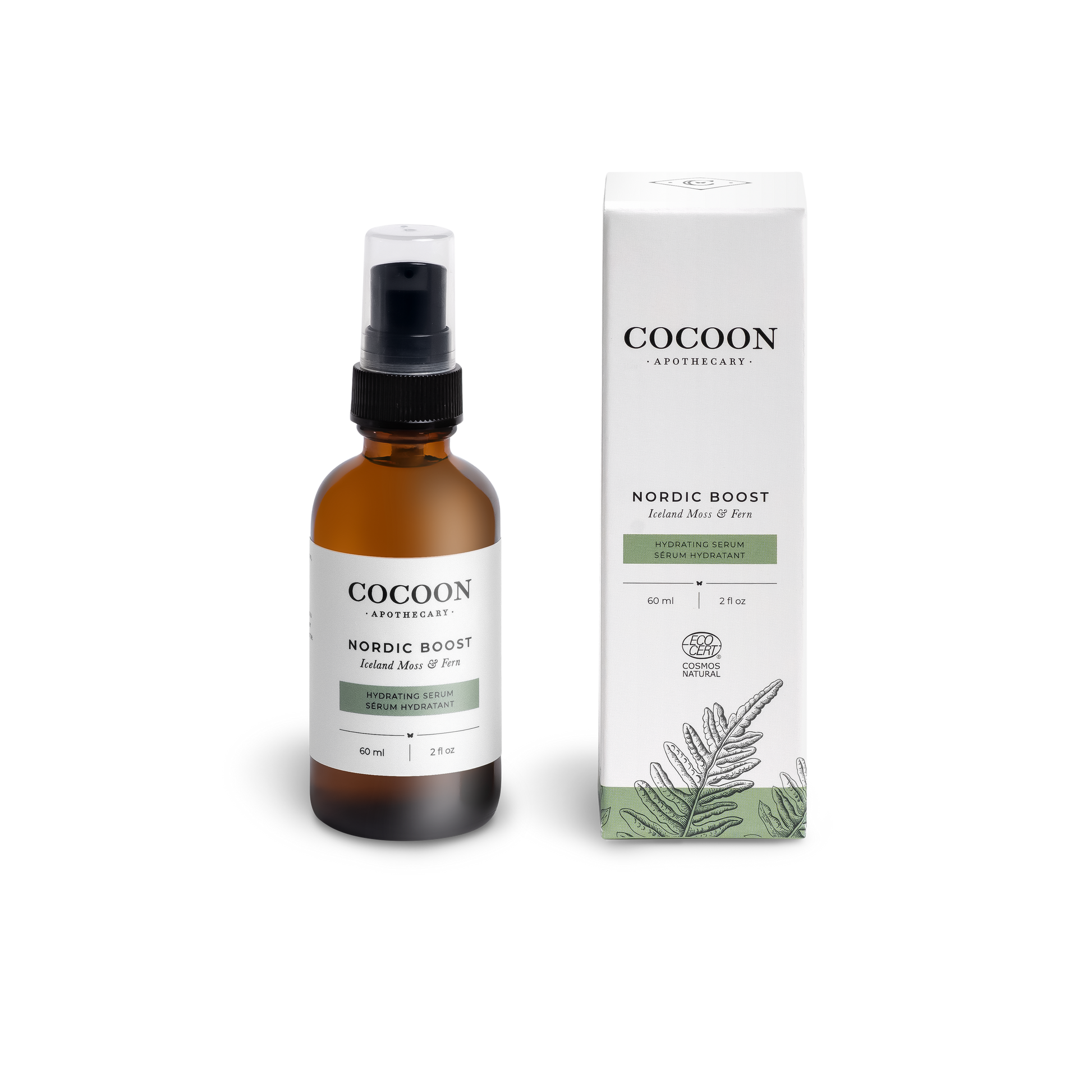 hydrating hyaluronic acid serum with fern, moss, and litchen. Certified natural.