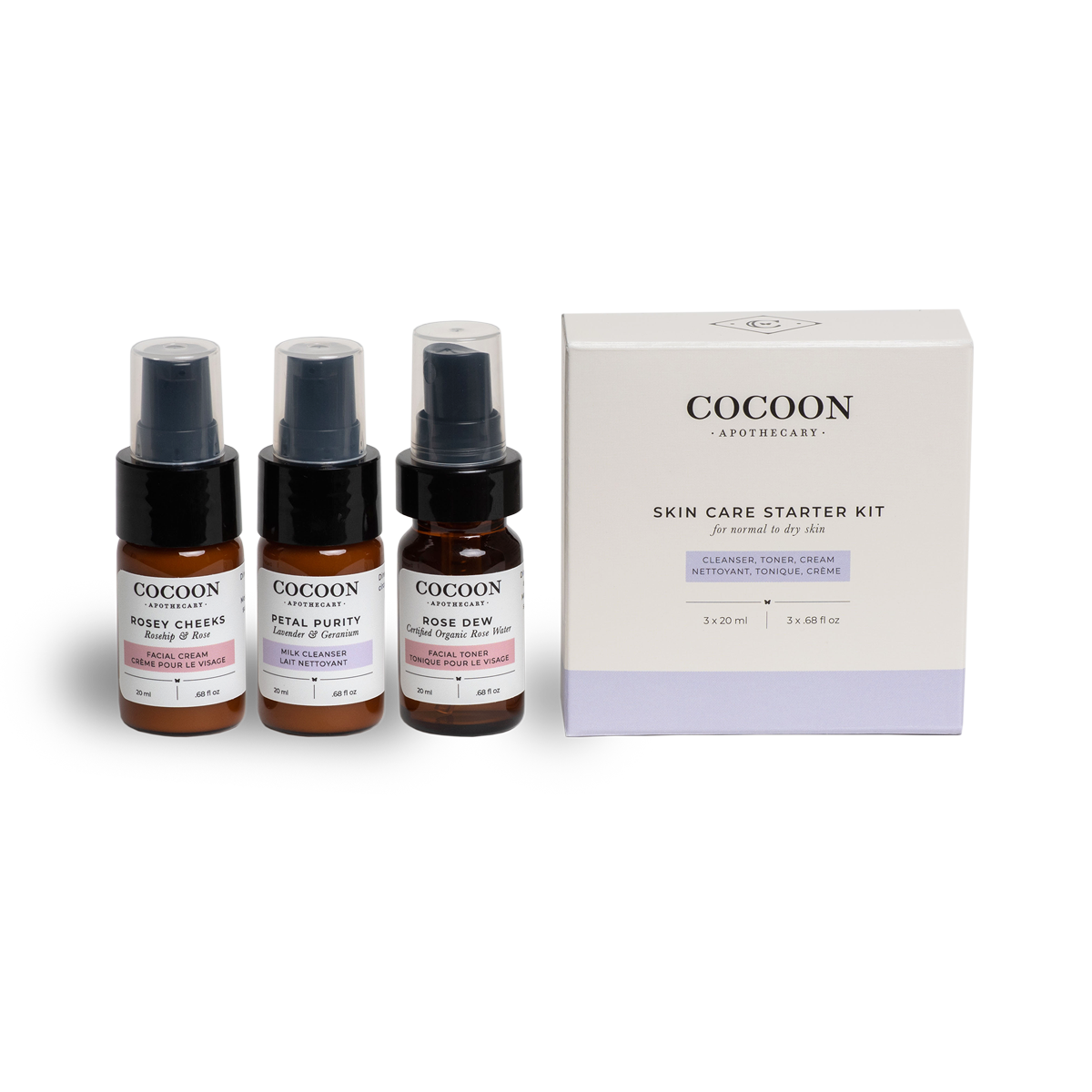 trial travel size skin care set for normal to dry skin. toner moisturizer cleanser organic natural ecocert