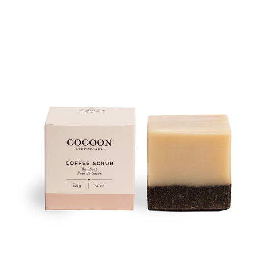 Cocoon Apothecary coffee scrub bar soap with packaging on a white background