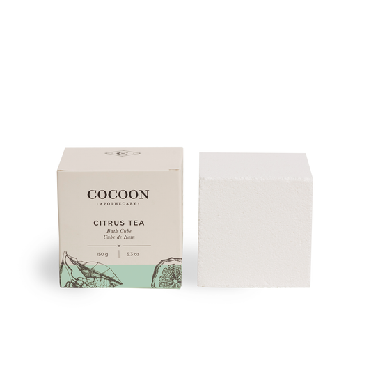 Cocoon Apothecary Citrus Tea bath cube with packaging on a white background