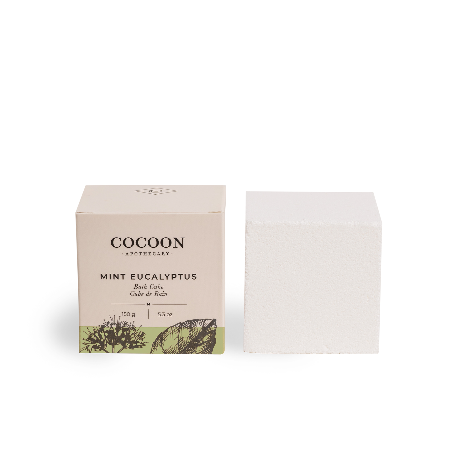 Cocoon Apothecary Mint Eucalyptus bath cube with packaging on a white background