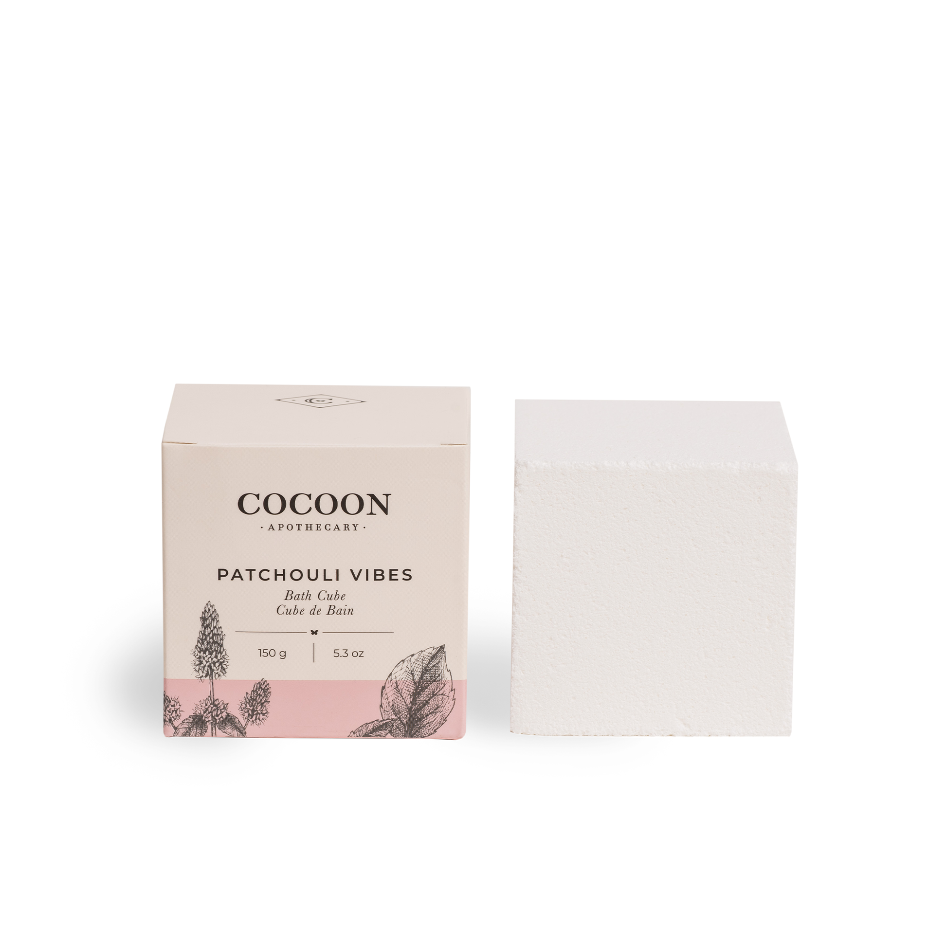 Cocoon Apothecary Patchouli Vibes bath cube with packaging on a white background