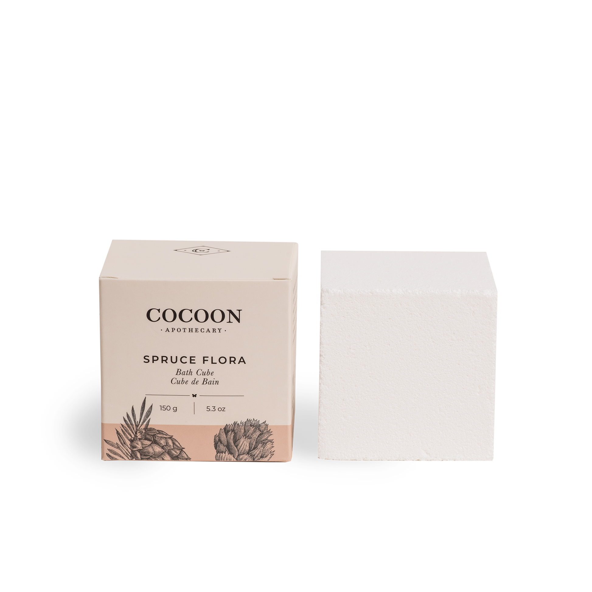 Cocoon Apothecary Spruce Flora bath cube with packaging on a white background