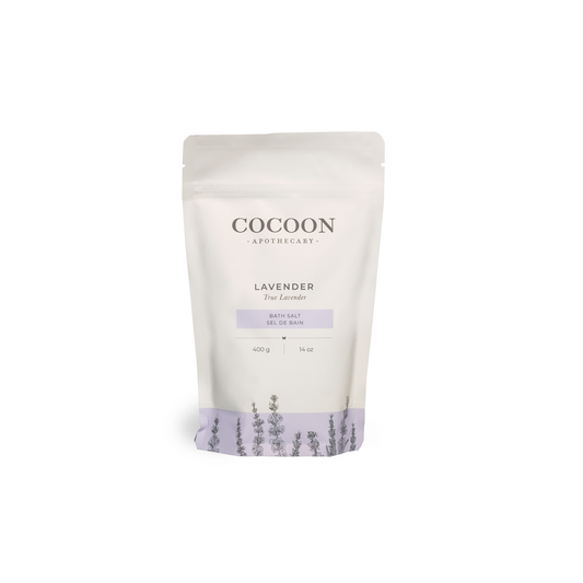 Cocoon Apothecary lavender bath salt packaging on a white background