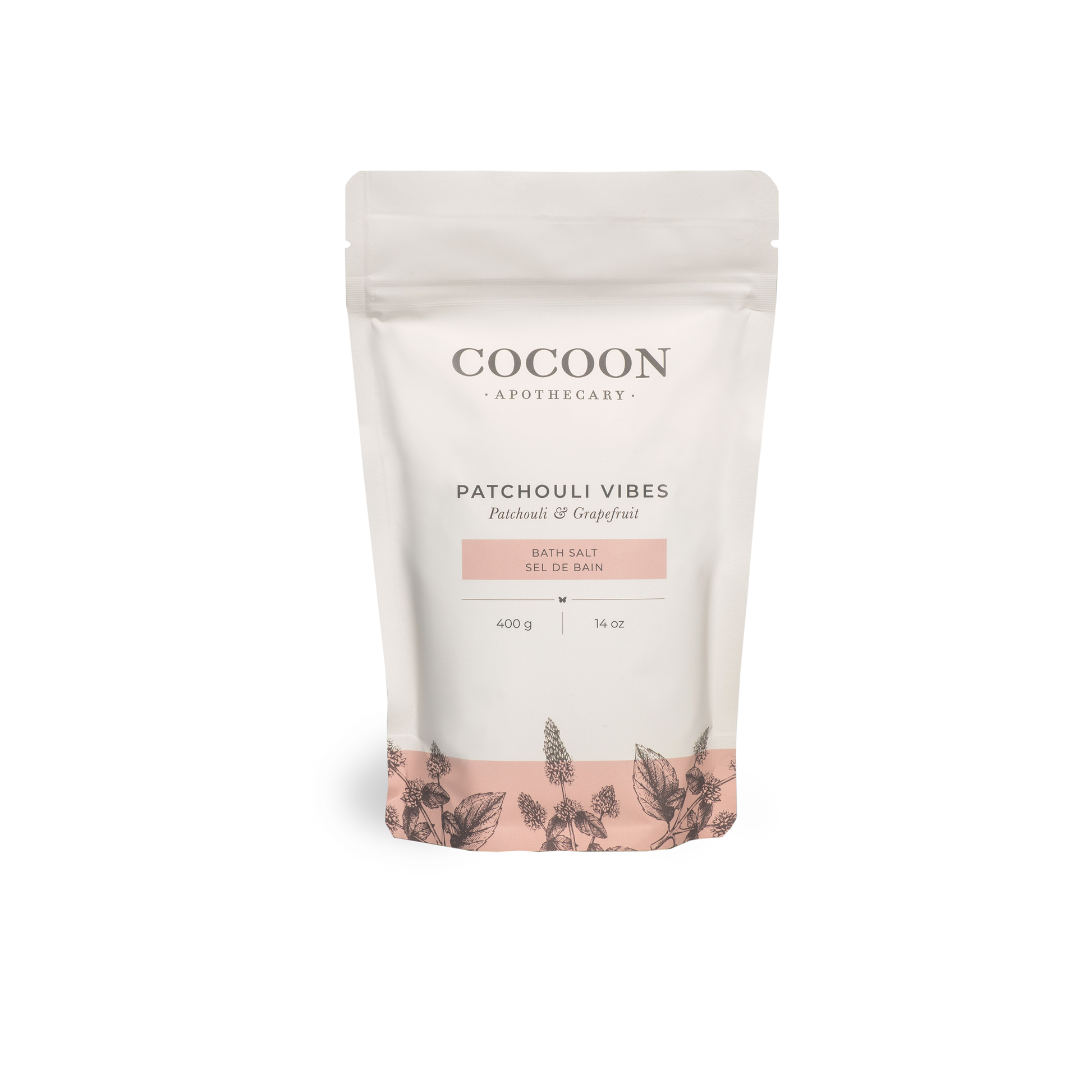 Cocoon Apothecary Patchouli Vibes bath salt packaging on a white background