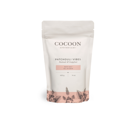 Cocoon Apothecary Patchouli Vibes bath salt packaging on a white background