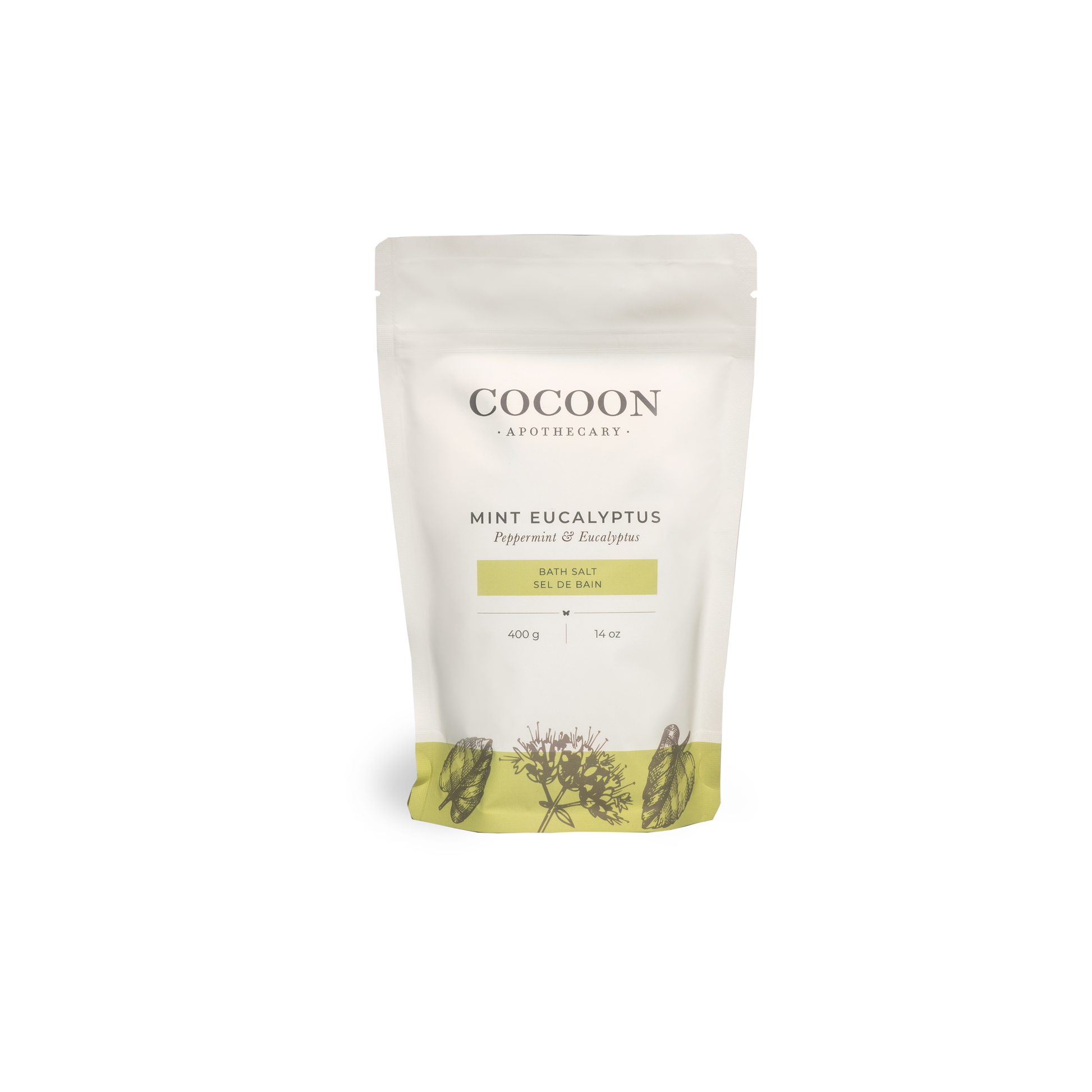 Cocoon Apothecary Mint Eucalyptus bath salt packaging on a white background