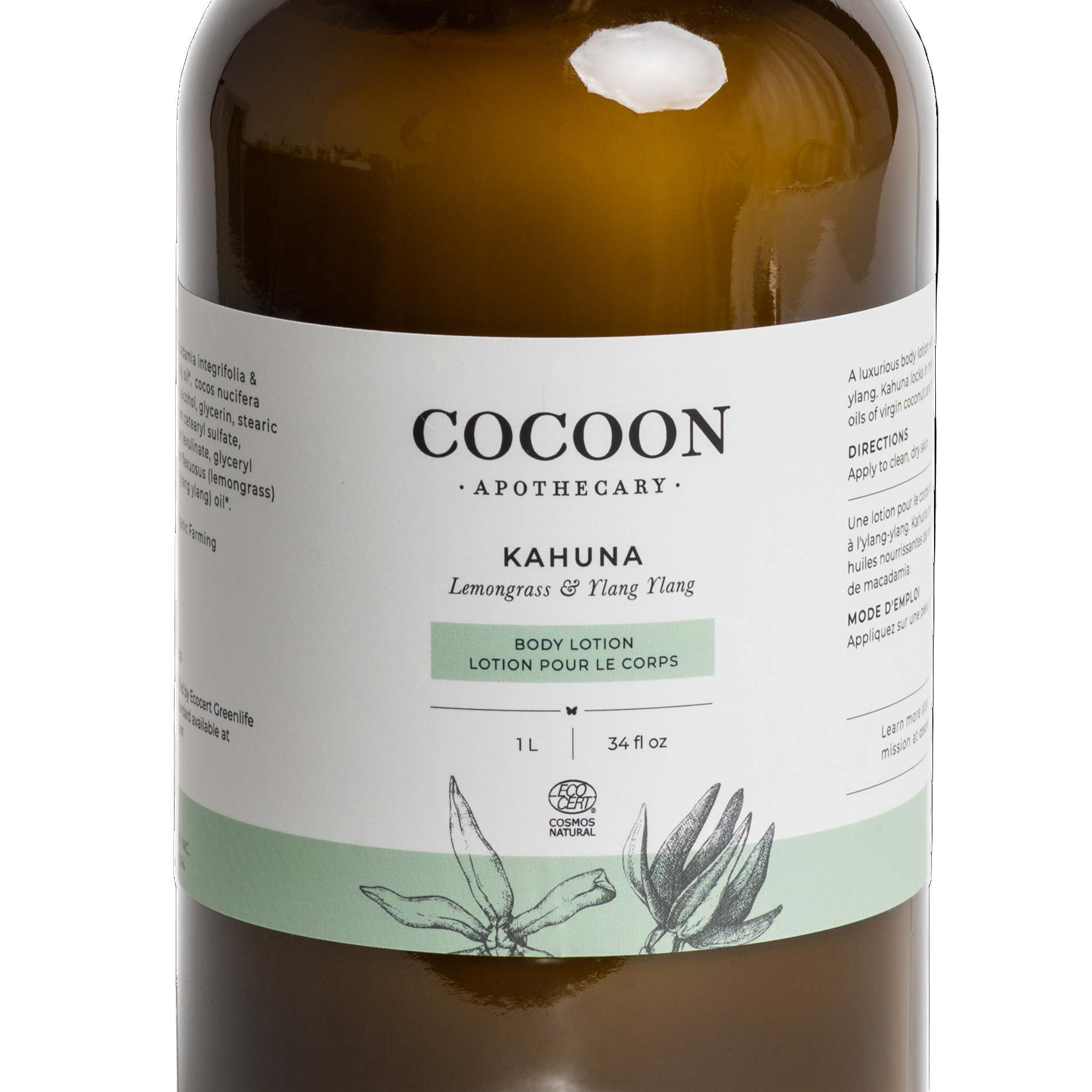 Close-up of Kahuna Body Lotion glass pump and label highlighting Ecocert certification and sustainable packaging.