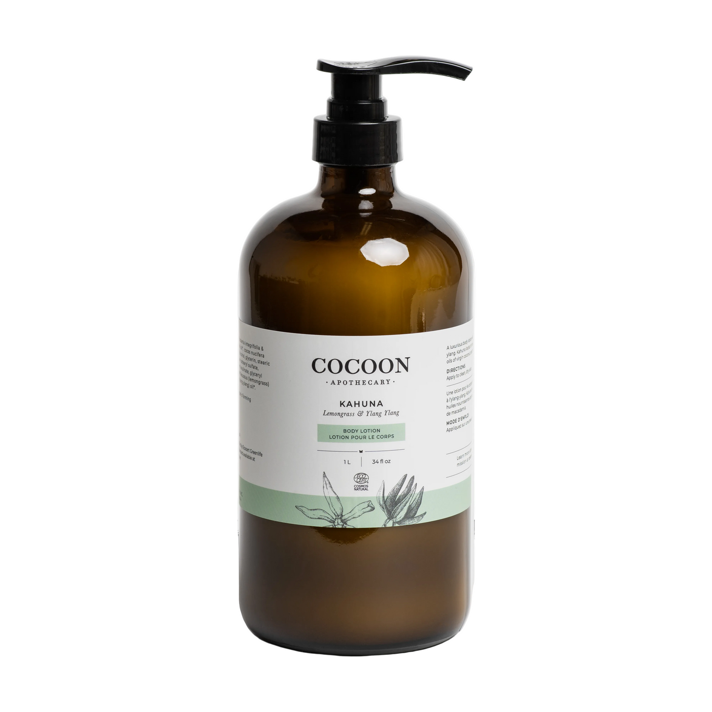 Amber glass bottle with pump and 'Cocoon Apothecary' label on a white background