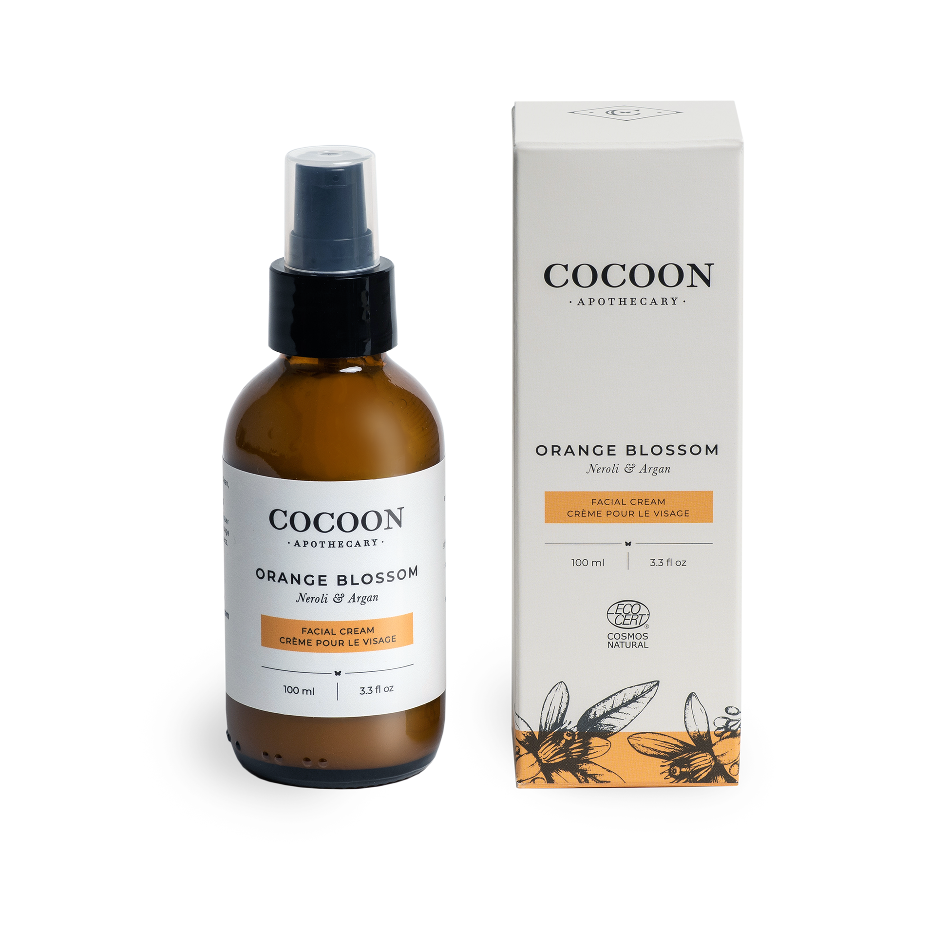 Cocoon Apothecary Orange Blossom facial cream bottle and packaging on a white background