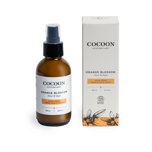 Cocoon Apothecary Orange Blossom facial cream bottle and packaging on a white background