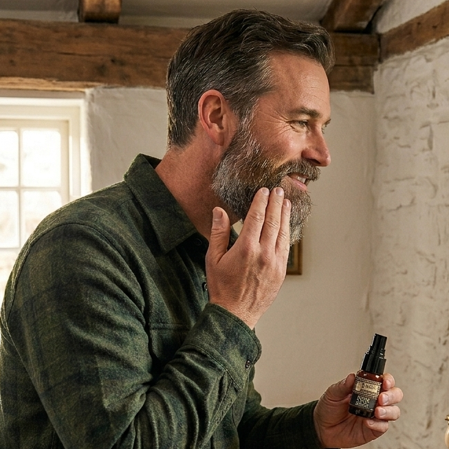 Man applying aftershave in a rustic bathroom.