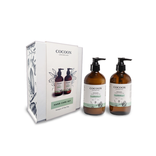 Cocoon hand care set with two bottles and a box on a white background