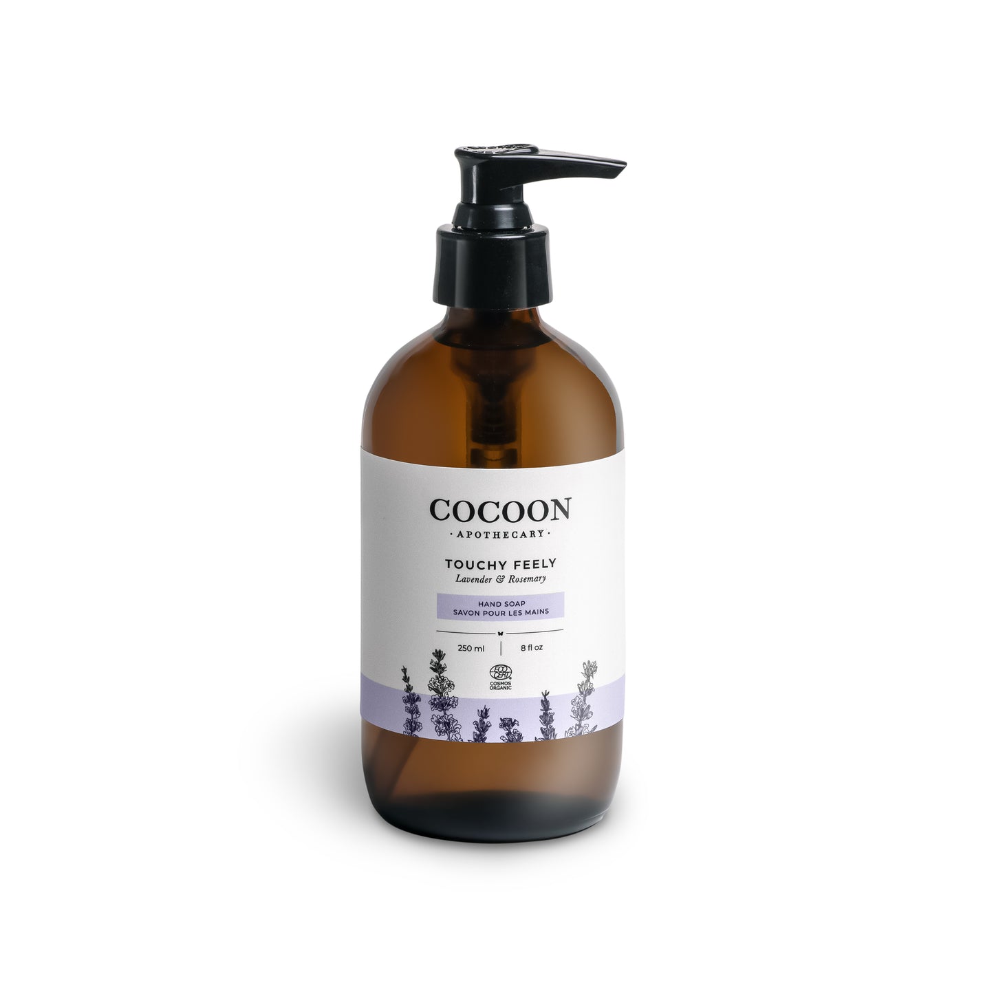 Touchy Feely Hand Soap amber glass bottle – lavender and rosemary scent