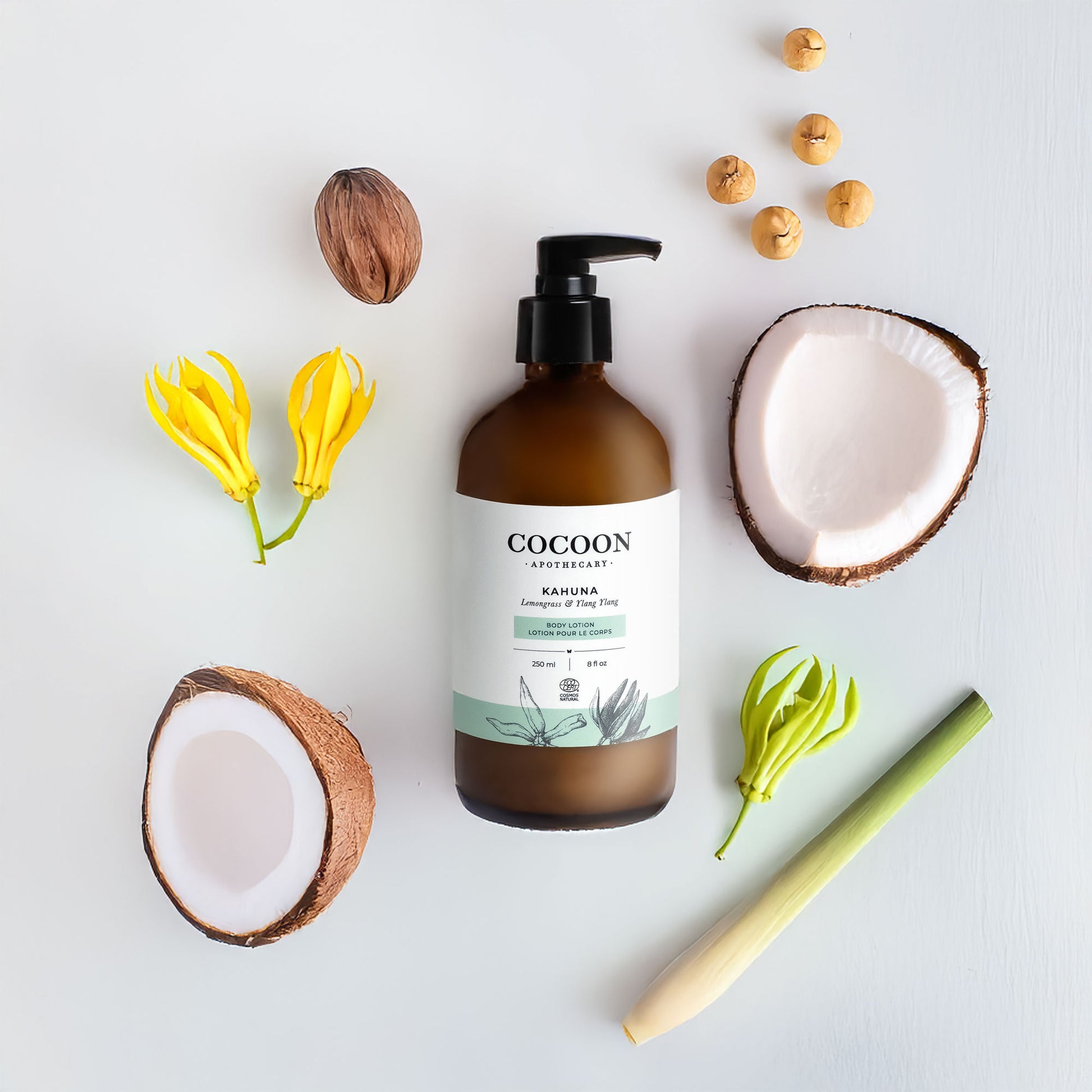 Kahuna Body Lotion with coconut, macadamia nuts, lemongrass, and ylang-ylang flowers – tropical botanical ingredients.
