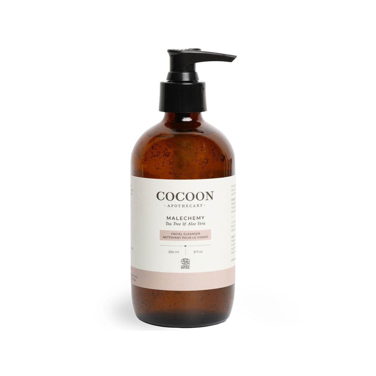 Malechemy Facial Cleanser bottle with tea tree and aloe, a natural gel cleanser for men that gently purifies and soothes skin without stripping moisture.