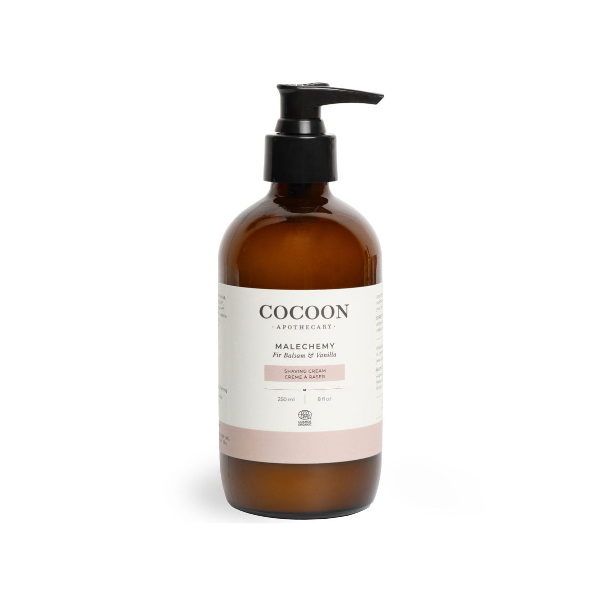 Malechemy Certified Organic Shaving Cream in eco-friendly glass jar with fir balsam vanilla label