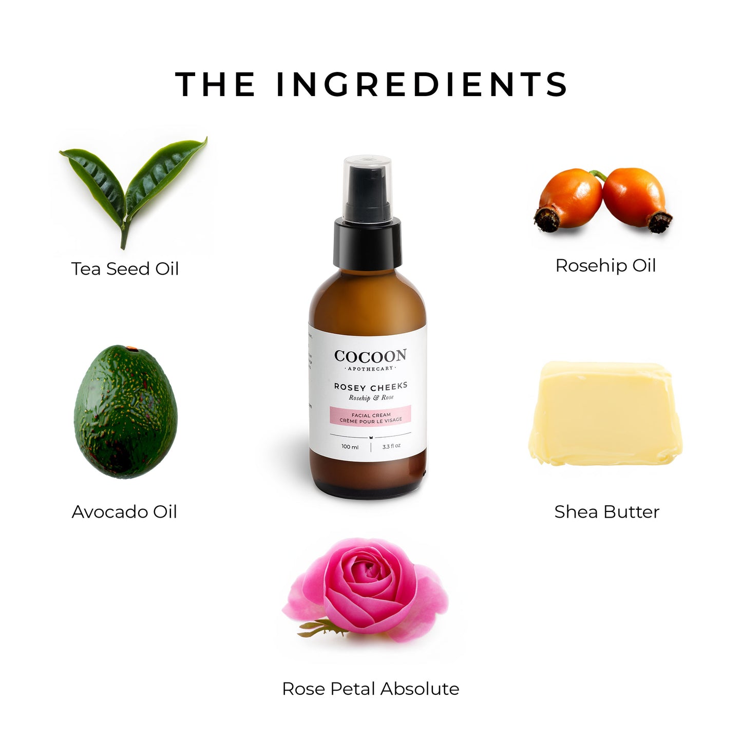 A visually appealing arrangement of all the natural ingredients in Rosey Cheeks Facial Cream. The image features organic rosehip oil, avocado oil, aloe vera, and green tea extract, shown in their raw form alongside the product jar. The design highlights the purity and botanical origins of the ingredients, emphasizing their nourishing and antioxidant-rich properties.