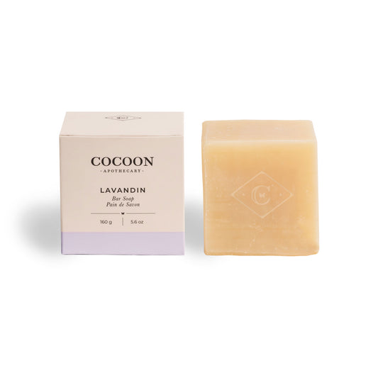 Cocoon Apothecary Lavandin bar soap with packaging on a white background
