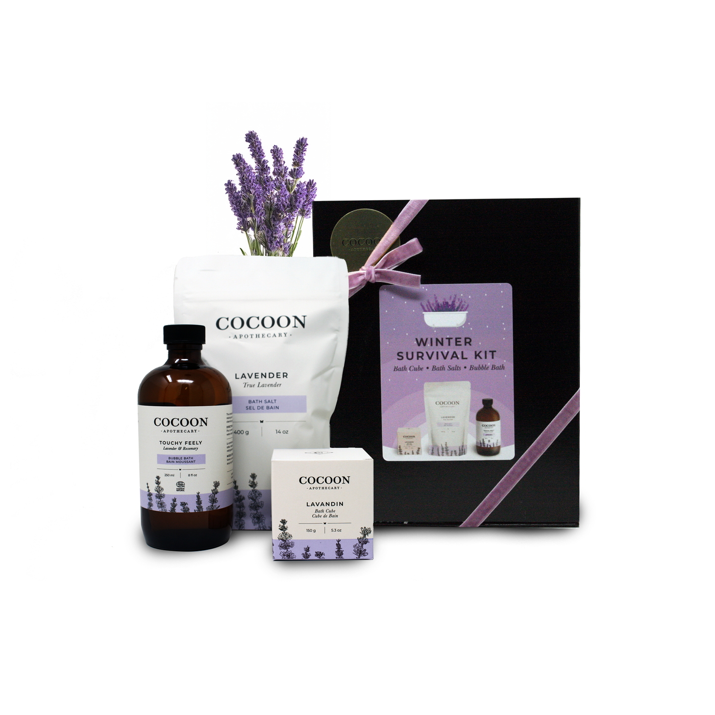 Winter Survival Kit gift box with lavender bath salts, bath cube, and bubble bath