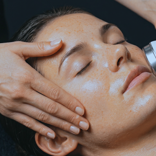 Person receiving a facial treatment with a hand applying product to the face.