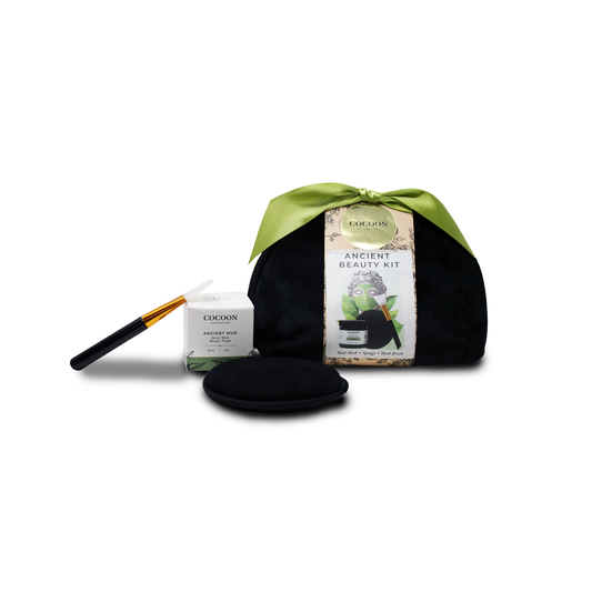 Ancient Beauty Kit gift box with mud mask, brush, and cleansing sponge