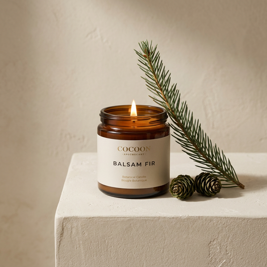 A fresh, woodsy soy candle scented with pure balsam fir essential oil. Cotton wick, reusable glass jar and no synthetic fragrance. Made in Canada.