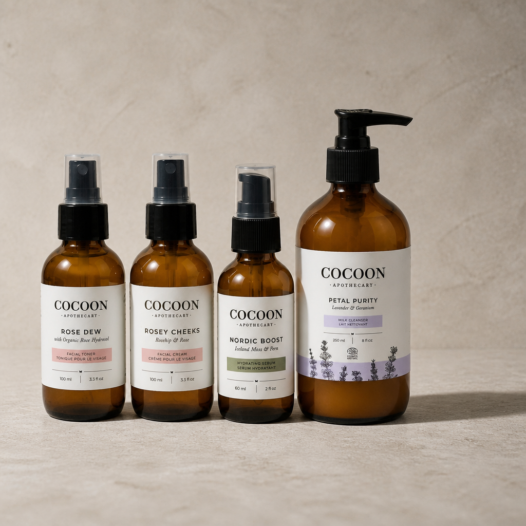 Four Cocoon Apothecary skincare bottles in amber glass with black pumps and white labels, arranged on a light beige stone surface against a textured beige wall. The bottles include Rose Dew, Rosey Cheeks, Nordic Boost, and Petal Purity.