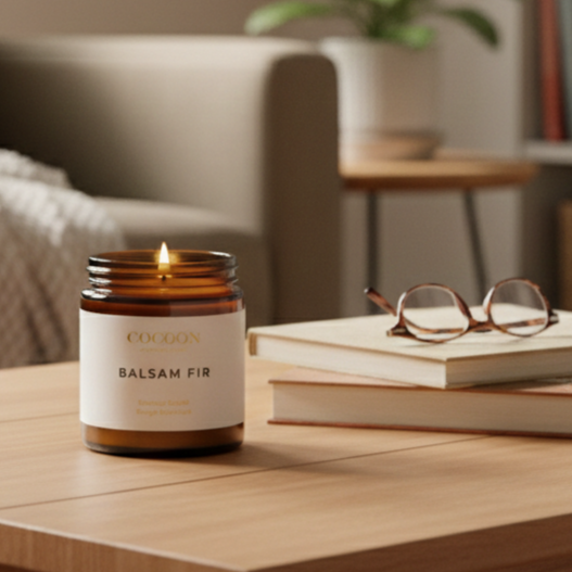 COCOON Balsam Fir candle on a wooden table with books and glasses in the background