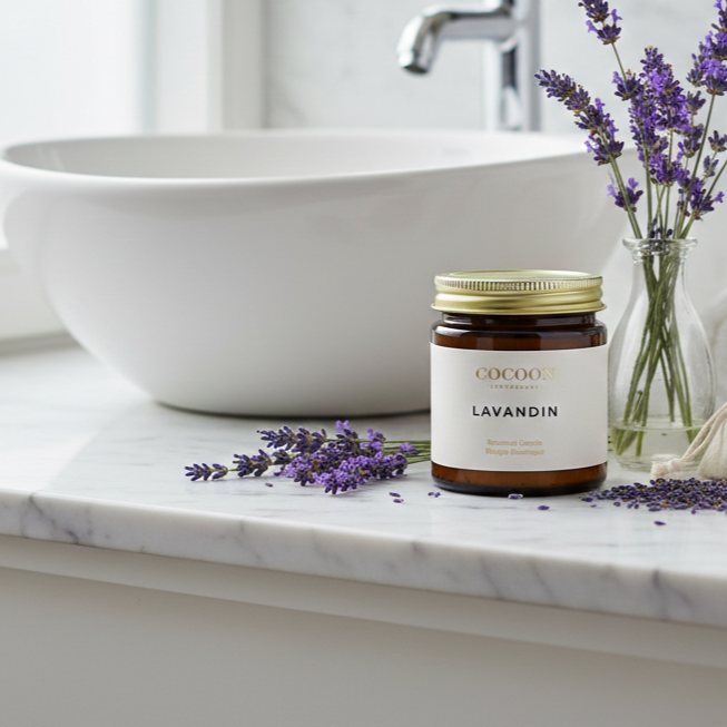 Lavandin Candle on a bathroom counter with lavender flowers