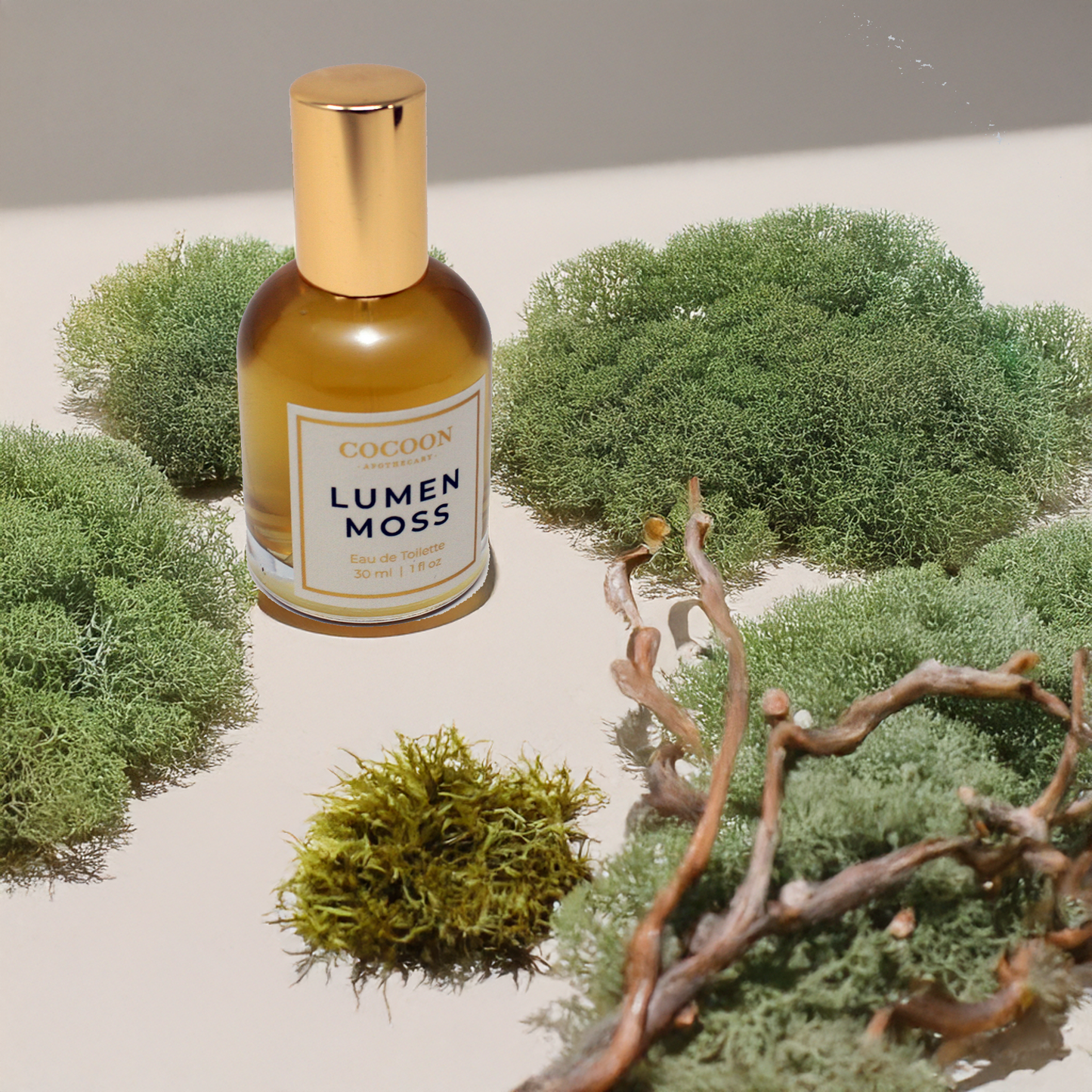 Cocoon Lumen Moss bottle surrounded by greenery on a neutral background