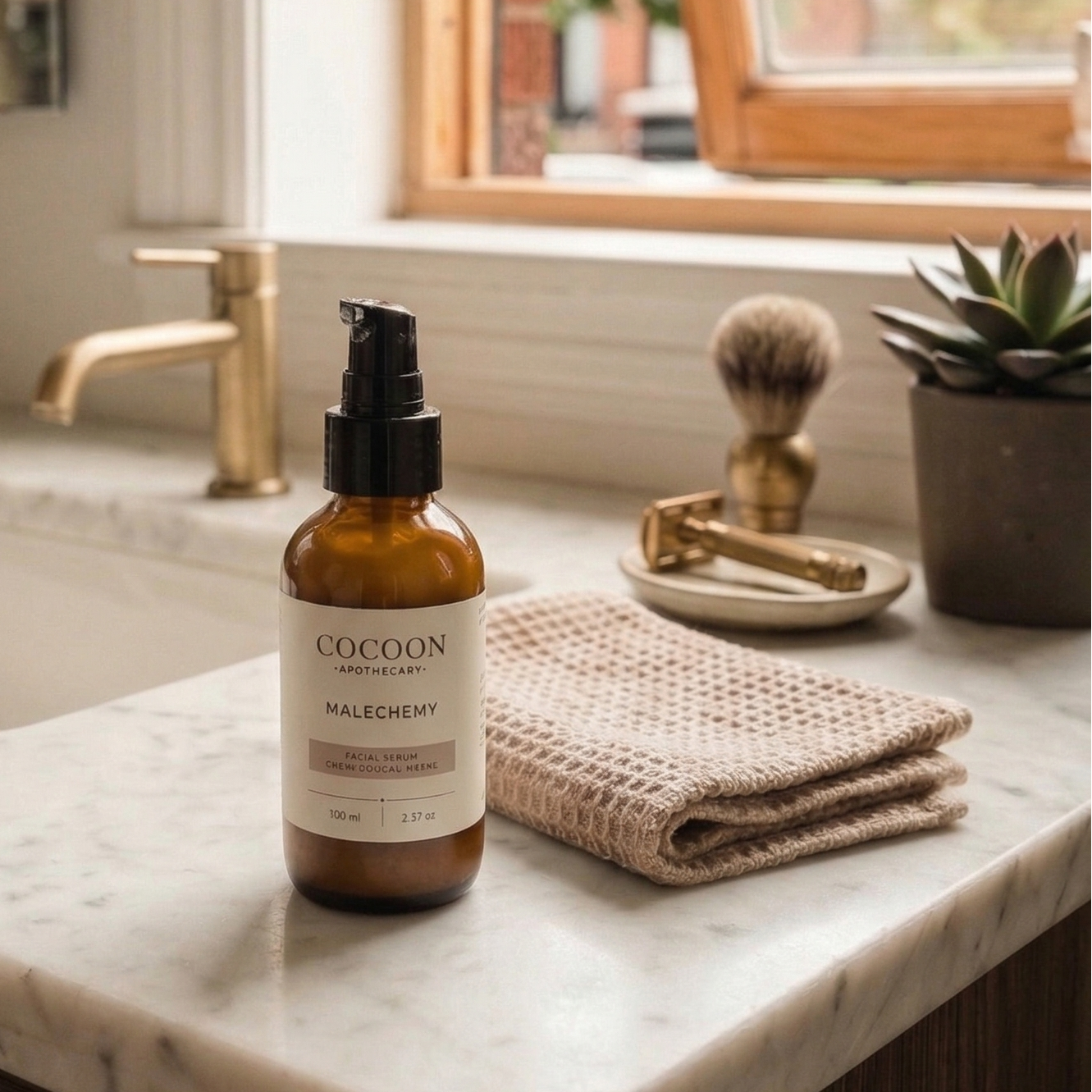 Bottle of  Malechemy Facial Cream on a marble countertop with a window in the background