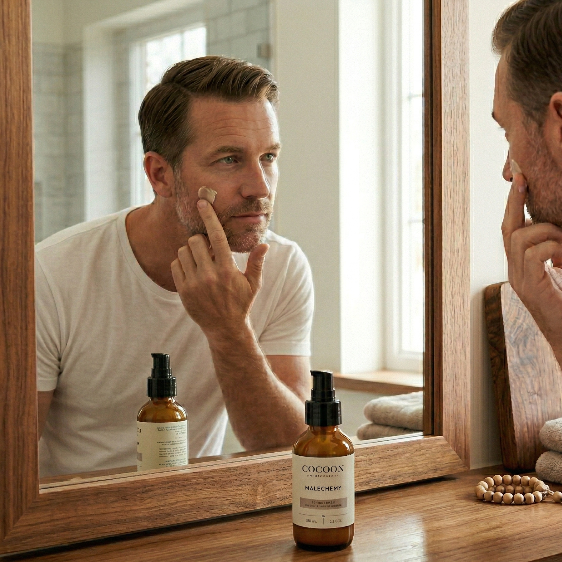 Man applying Cocoon skincare product in front of a mirror with a bottle on a wooden surface.