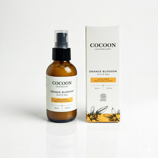 Cocoon Apothecary Orange Blossom facial cream bottle and packaging on a white background