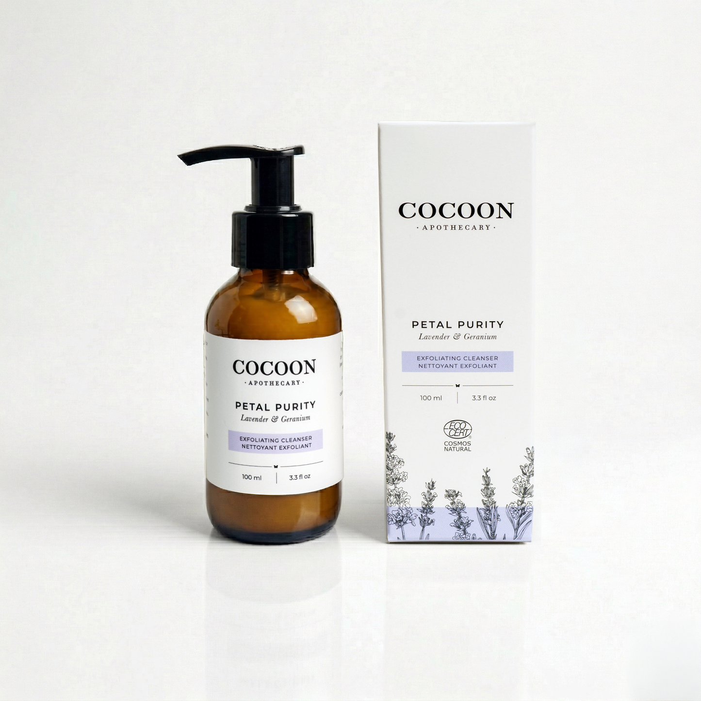 Cocoon Apothecary Petal Purity bottle and packaging on a white background