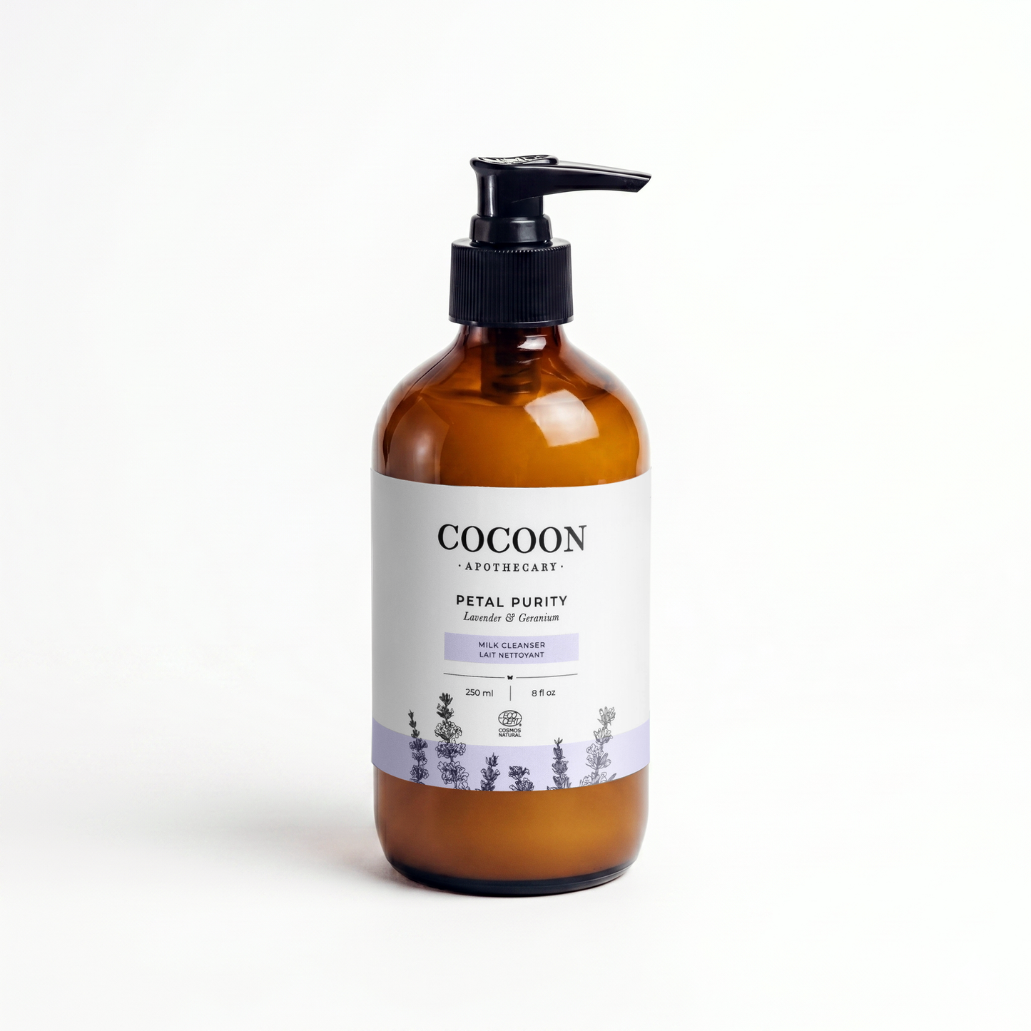 Brown bottle with pump and 'Cocoon' label on a white background