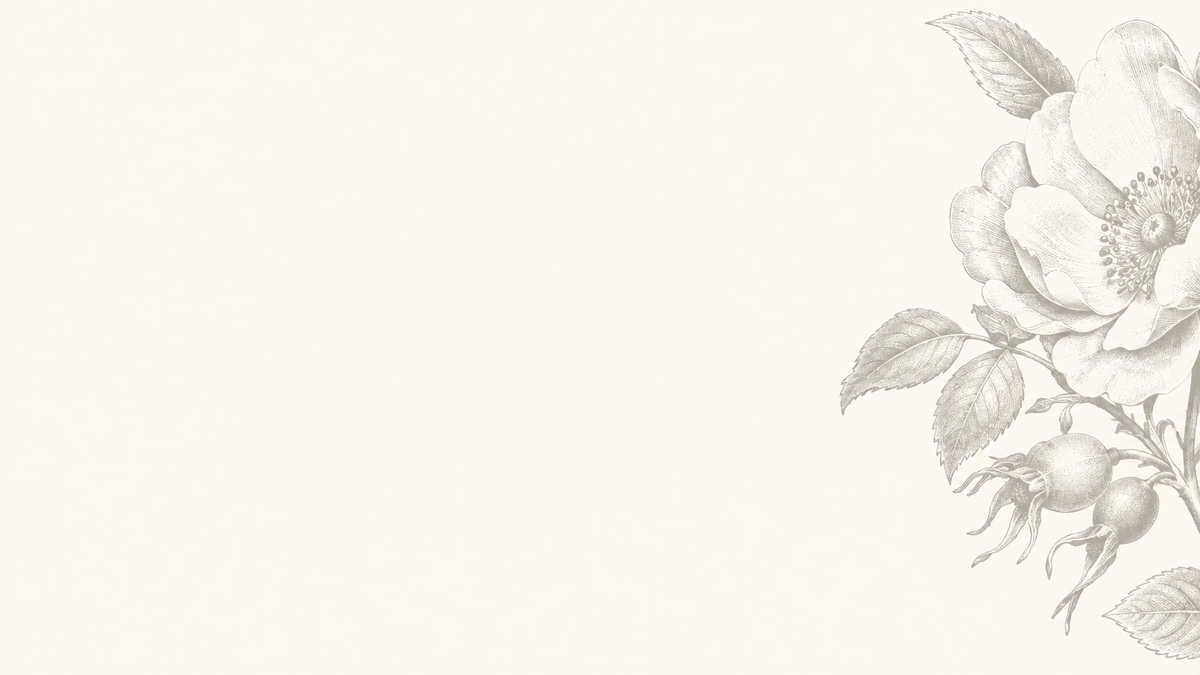 A monochrome botanical illustration of a large flower with leaves and small berries, placed along the right side of a plain light beige background with open space on the left.