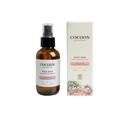 rose dew certified organic toner bottle and box on white